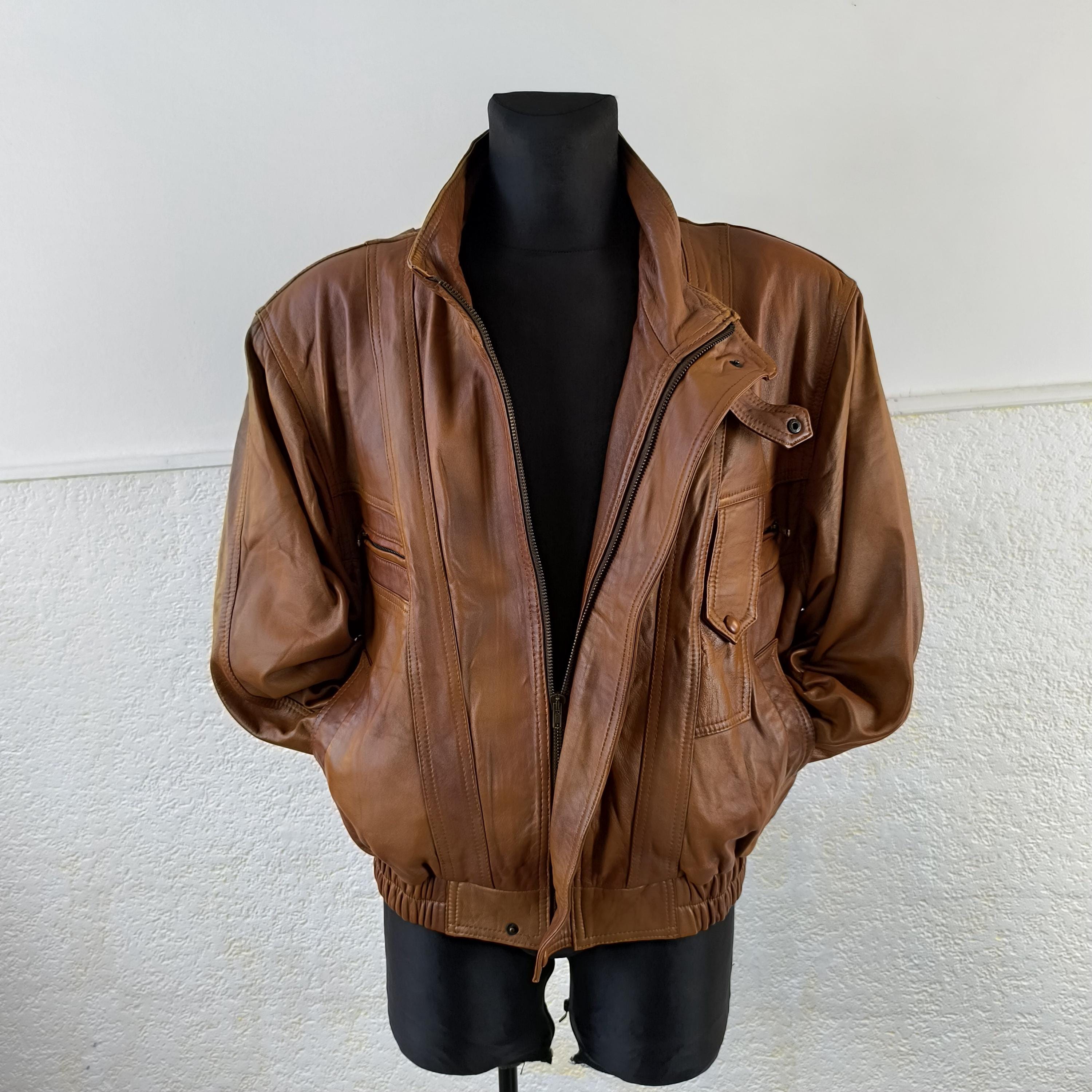 ジャケット・アウター 1980s Euro Vintage Brown Leather Jacket Authentic Vintage 1980s Brown Genuine Leather Bomber Jacket
