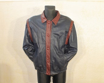 veste en cuir vintage femmes, veste marine, veste bicolore, veste en cuir des années 80, veste bleu marine, veste en cuir boutonnée taille Large