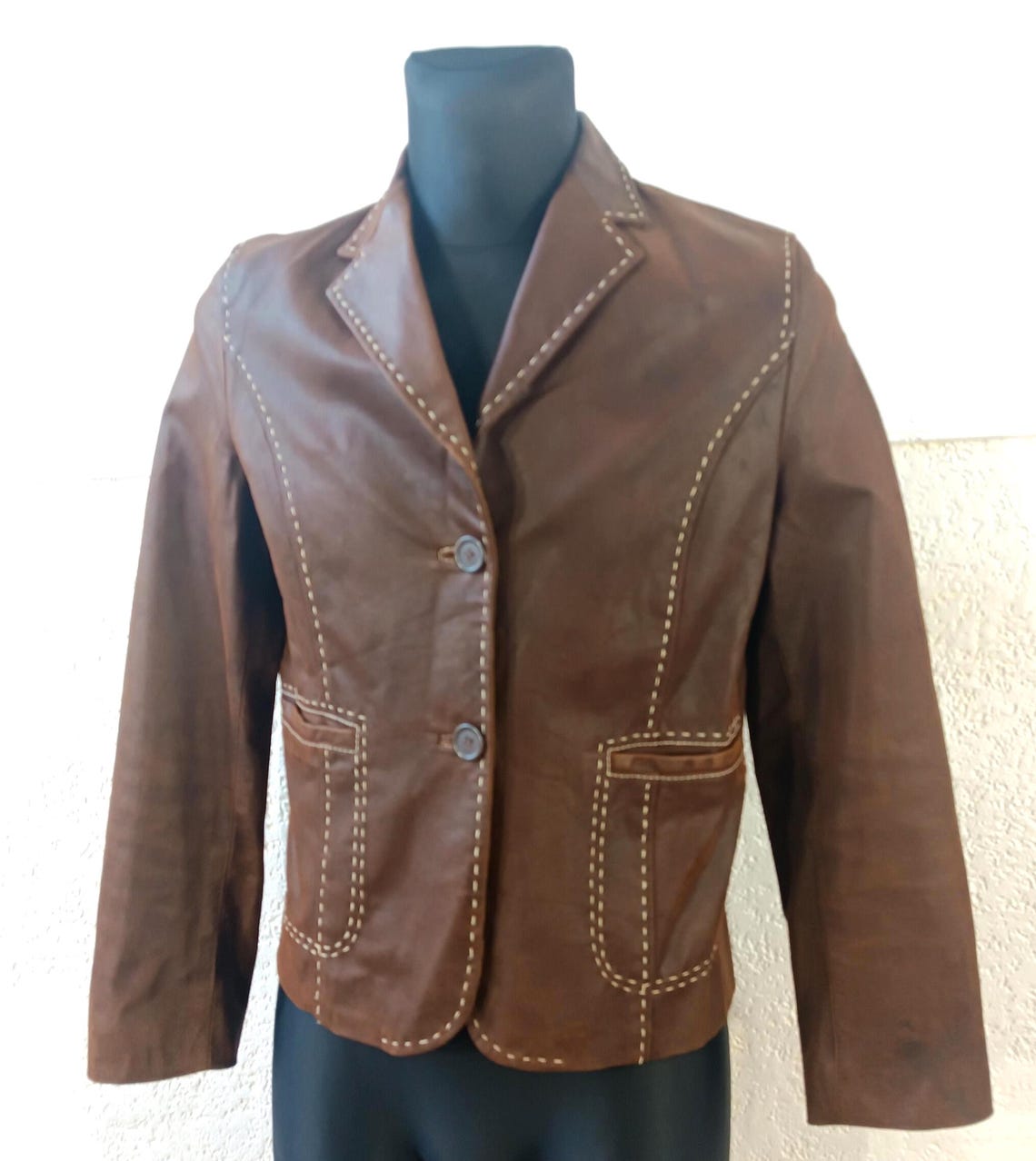 Brown Leather Blazer: Vintage 90s Suede Buttoned Safari Jacket, foto 1 di 5