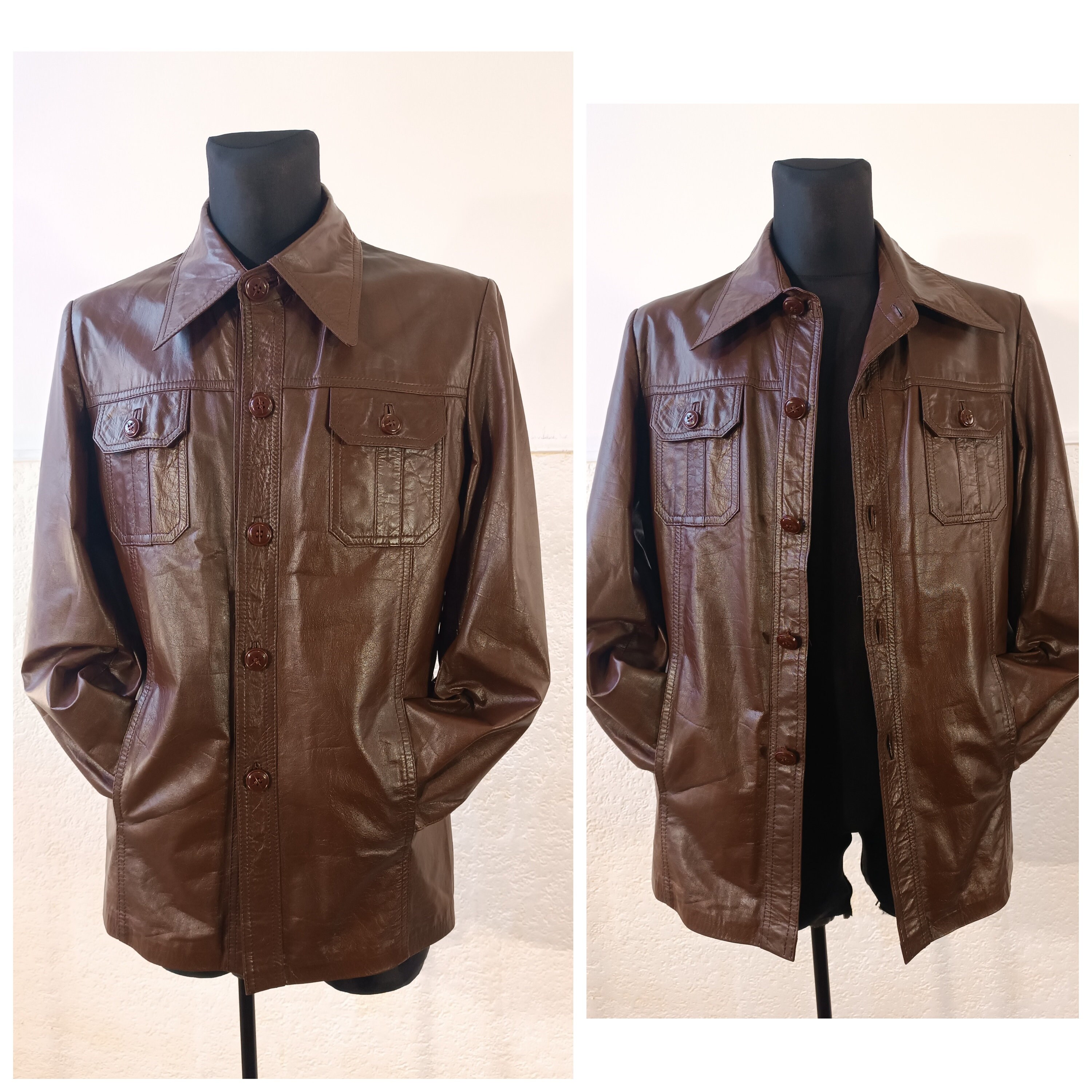 【超ポイントバック祭】 70s Leather Jacket, Safari Jacket Men, Chocolate Brown ジャケット・アウター