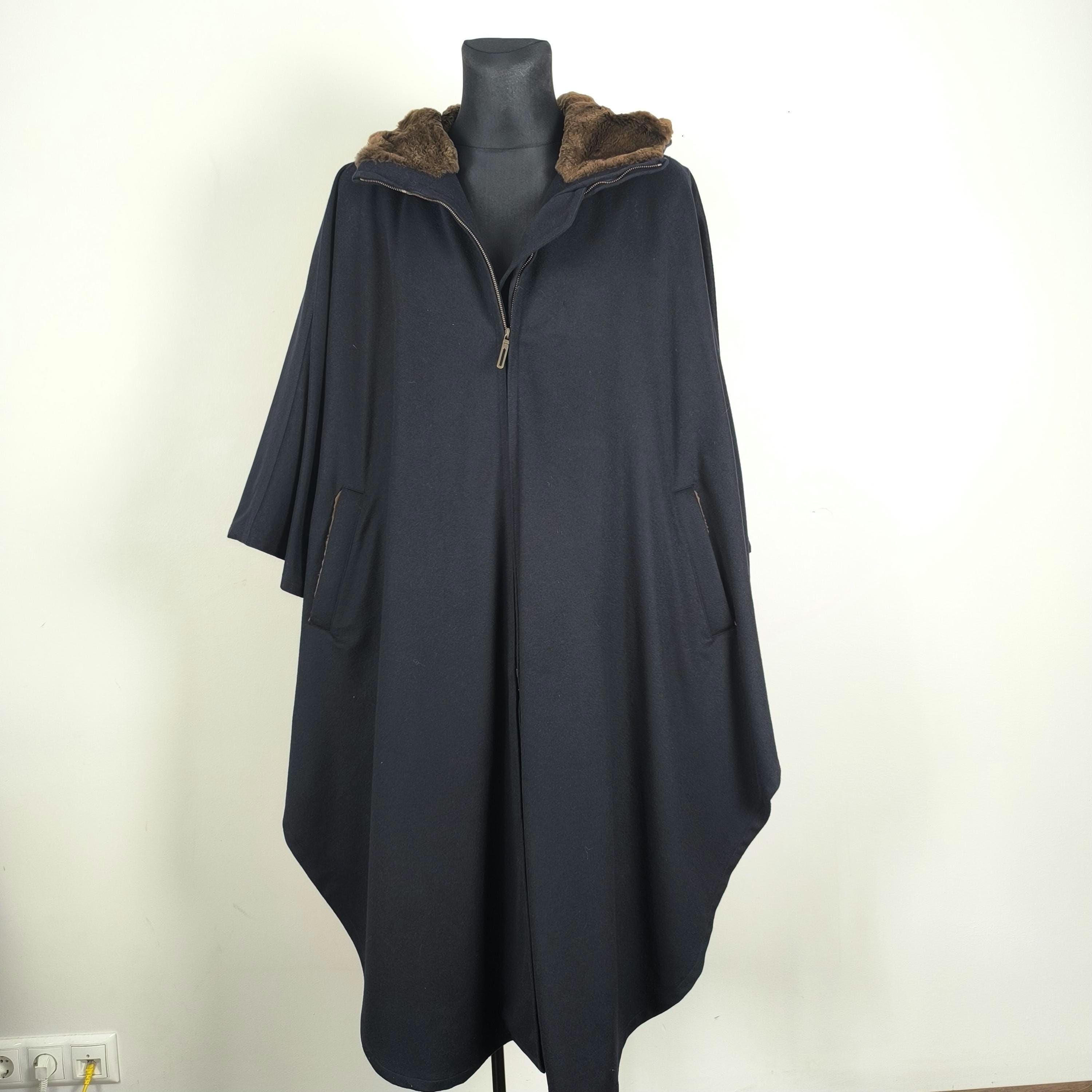 ジャケット・アウター Vintage 60's Wool Hooded Poncho Cape Navy Wool Cape Vintage Hooded Poncho Coat - Women's Retro Winter