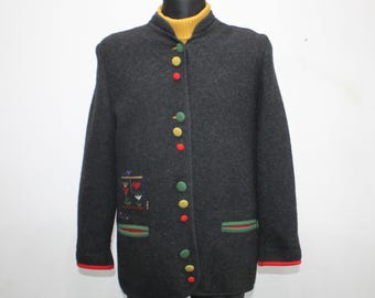 Vintage Norwegian Cardigan Wool Embroidered Floral Jacket Black Size Large