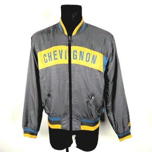 Vintage Chevignon Bomber Jacket - Dark Gray & Yellow Letterman Varsity Style, Medium Size