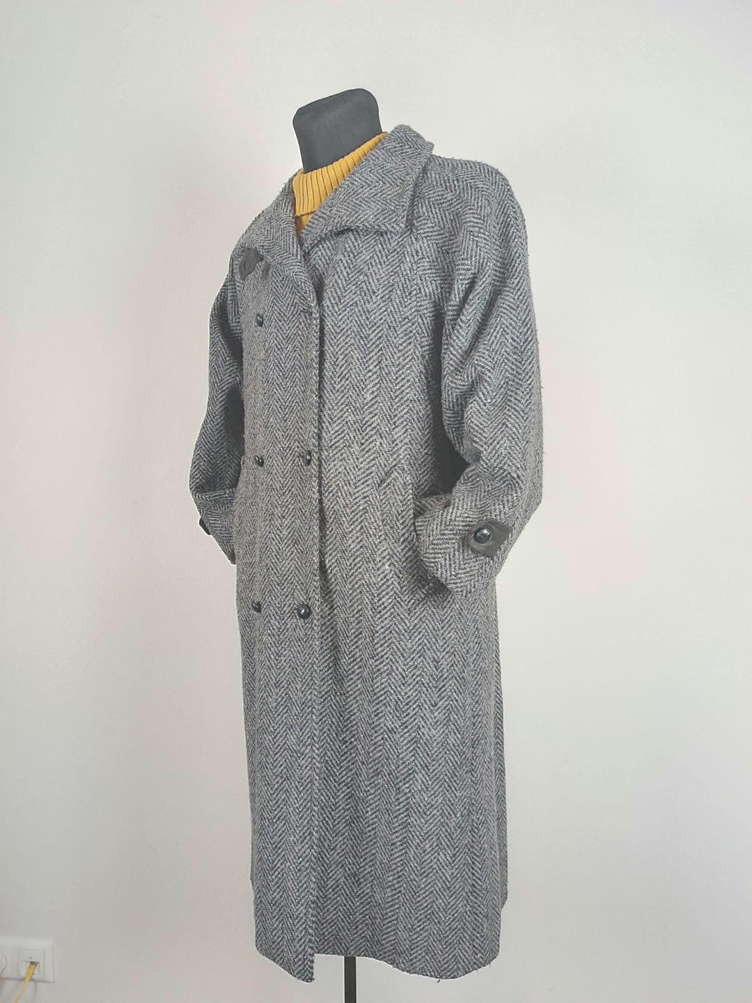 Vintage Tweed Coat Black White Wool Herringbone Double Breasted
