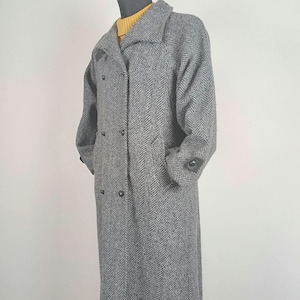 Vintage Tweed Coat Black White Wool Herringbone Double Breasted Medium