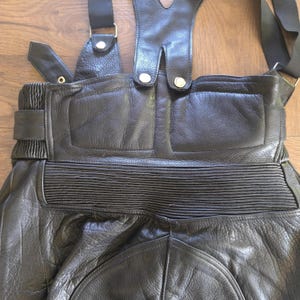 Black Biker Overalls Women Vintage Leather Pants, Black High-Waist Motorcycle Style, 40 Large Size