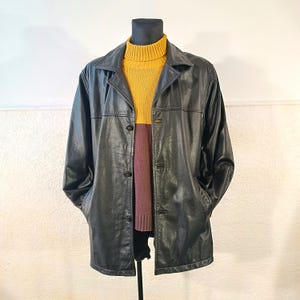 Vintage Large Black Leather Petroff Buttoned Trench Jacket for Men - Classic Retro Style Outerwear