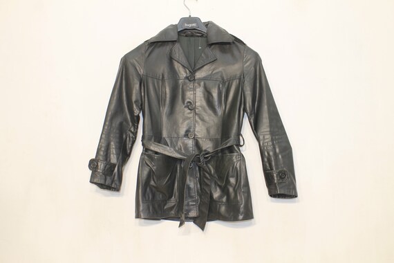 Trench Coat Women 70s Vintage Leather Trench Coat Black Genuine 