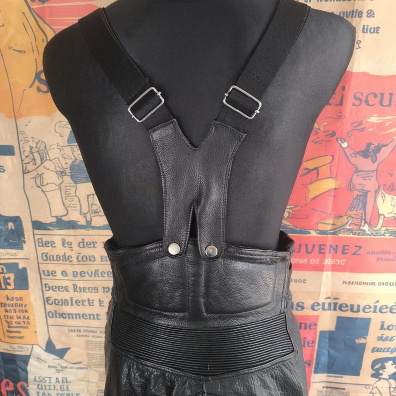 Black Biker Overalls Women Vintage Leather Pants, Black High-Waist Motorcycle Style, 40 Large Size