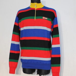 Vintage 80s Castelli Multicolored Striped Wool Cardigan Sweater - Italian Large Jersey Jumper