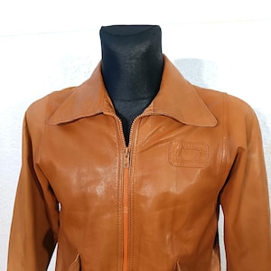 Vintage 70s Tan Leather Safari Jacket - Minimalist Zip-Up Rave Wear for Small Sizes