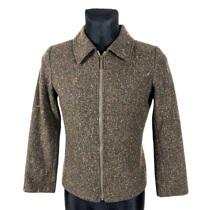 Vintage 70s Brown Donegal Tweed Wool Zip Jacket - Retro Women's Small Outerwear