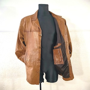 Brown leather jacket Vintage 70s Men's Tan Safari Leather - Distressed Buttoned, Large Size
