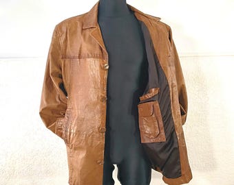 Brown leather jacket Vintage 70s Men's Tan Safari Leather - Distressed Buttoned, Large Size