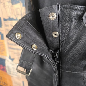 Black Biker Overalls Women Vintage Leather Pants, Black High-Waist Motorcycle Style, 40 Large Size