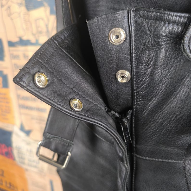 Black Biker Overalls Women Vintage Leather Pants, Black High-Waist Motorcycle Style, 40 Large Size