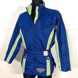 Retro Navy Padded Ski Jacket for Women - Belted Puffer Coat, Rave-Ready Winter Outerwear, Medium Size