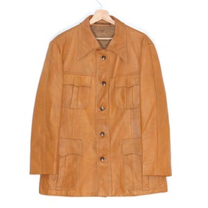 Vintage 70s Tan Safari Leather Jacket for Men - Genuine Brown Retro Outerwear, Size Medium