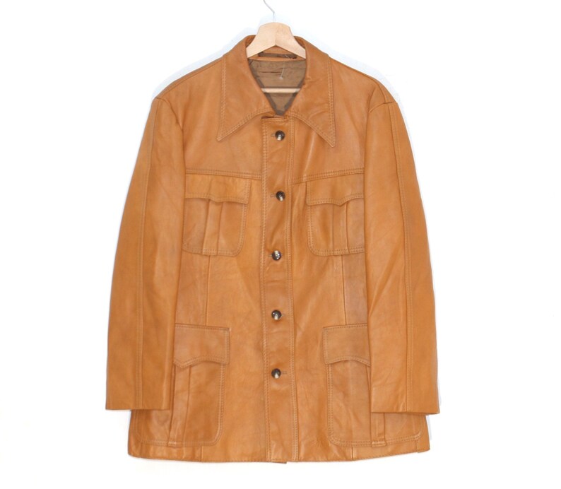 Vintage 70s Tan Safari Leather Jacket for Men - Genuine Brown Retro Outerwear, Size Medium