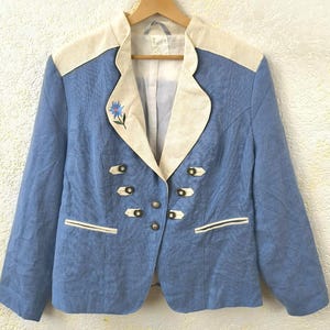 Linen Trachten Jacket Blue White Traditional Austrian Women’s Medium Oktoberfest Jacket