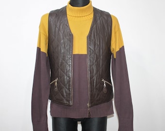 Mens Leather Vest - 100% Lamb Soft Leather Vest - Brown Leather Vest - Vintage Leather Vest - Soft Sheepskin Vest - Quilted Vest - Size M
