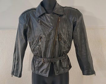Vintage Motorcycle Jacket, Black Leather Jacket, Biker Jacket Women, Punk Rock Jacket, Short Leather jacket, Cropped Jacket Size Medium