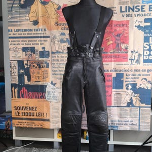 Black Biker Overalls Women Vintage Leather Pants, Black High-Waist Motorcycle Style, 40 Large Size