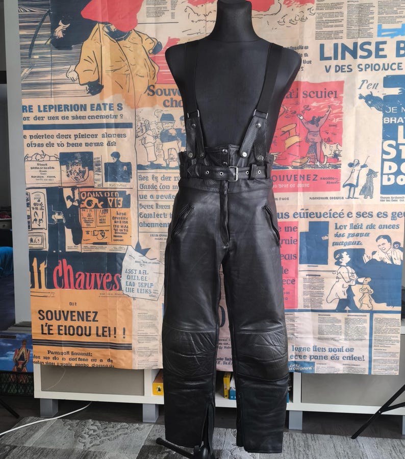 Black Biker Overalls Women Vintage Leather Pants, Black High-Waist Motorcycle Style, 40 Large Size