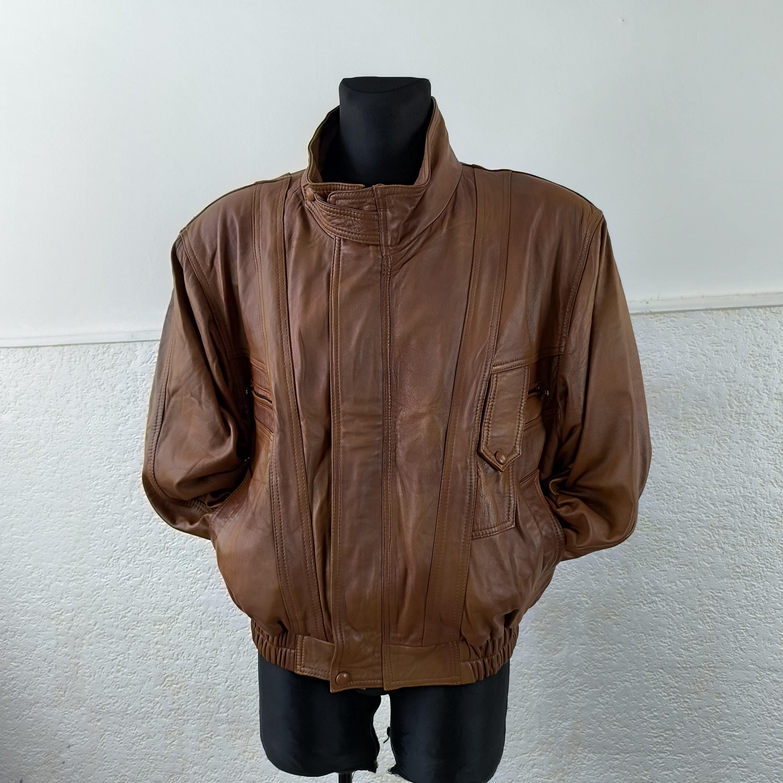 Brown Leather Jacket Distressed Biker Safari Coat for Men - Large