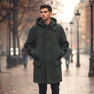 Bogner Wool Coat dark green - Hooded Long Coat Medium Size