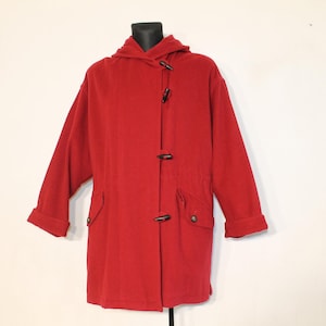 Vintage rode Lodenfrey wollen duffelcoat uit de jaren 90: oversized maxi-togglejas met capuchon voor dames, maat L