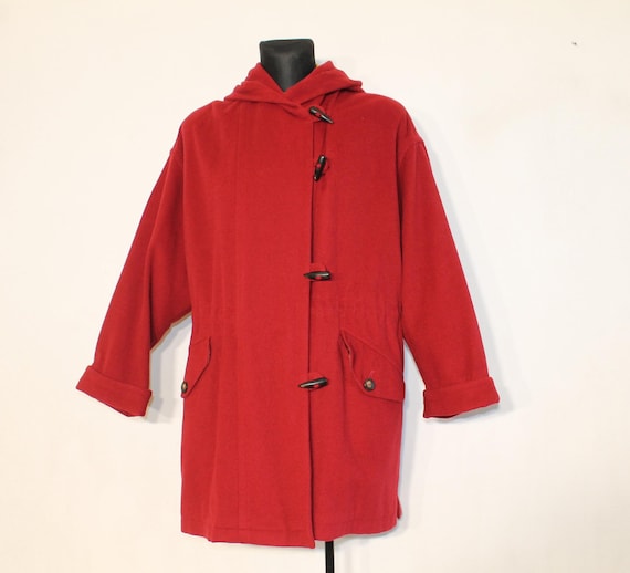 Vintage 90s Red Lodenfrey Wool Duffle Coat: Oversized Hooded