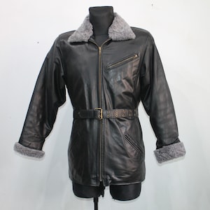 Vintage 80s Black Aviator Leather Jacket - Women&#39;s Medium Shearling Flight Coat with Belt