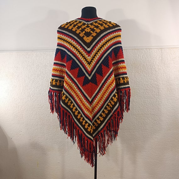 Multicolored Wool Poncho Size Medium, Crochet Pon… - image 2