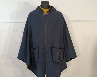 Cappotto a mantella in lana, cappotto a mantella con cappuccio da donna, mantello con cappuccio, mantello blu navy, poncho in lana da donna, giacca in lana da donna, mantello Y2K, mantello vintage grande