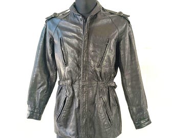 Safari Leather Jacket Vintage Motorcycle Black Long Biker Coat Medium
