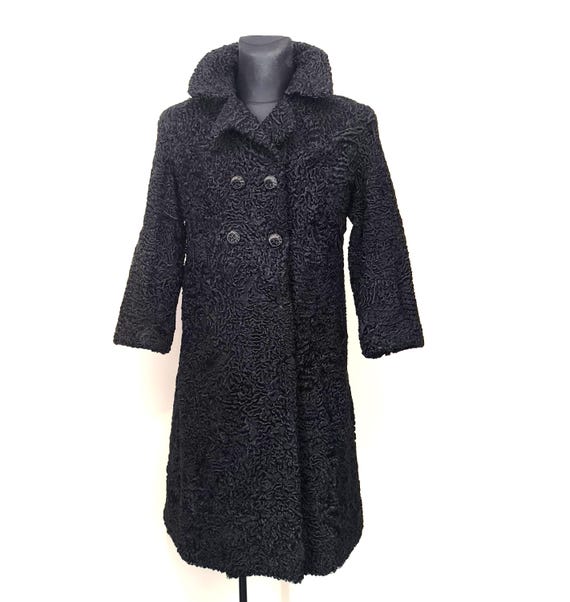 Astrakhan Fur Coat Black : Long Double Breasted Trench for Women