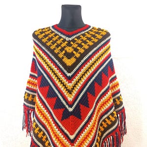 crochet poncho Multicolored Wool: Handmade Geometric Medium Cape