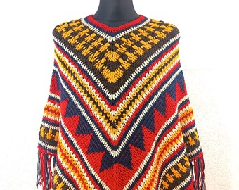 crochet poncho Multicolored Wool: Handmade Geometric Medium Cape