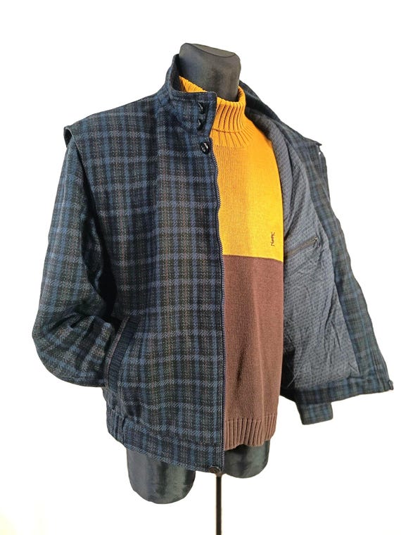 Vintage Navy Tweed Plaid Bomber Jacket - Retro Checkered 