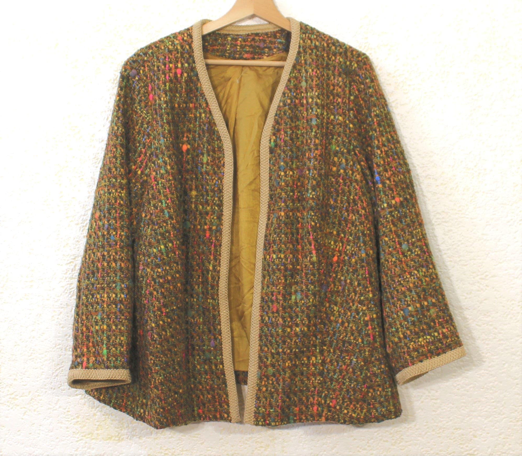 Vintage 80s Multicolored Tweed Wool Blazer - Open Front Boho Jacket for Women Size M
