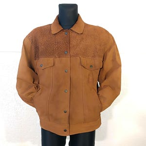 Brown Suede Trucker Jacket Petroff Leopard Print: Vintage Western Animal Pattern Large