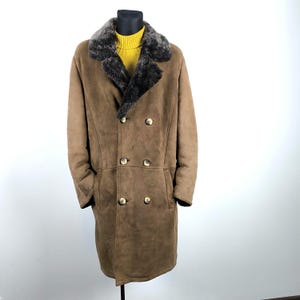 Vintage Large Men's Brown Shearling Sheepskin Coat - Winter Faux Fur Lined Suede Leather Jacket