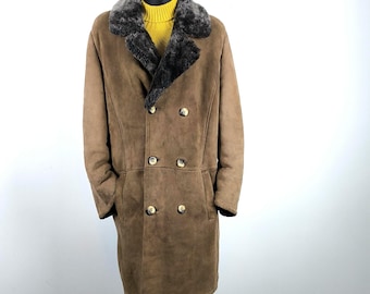 Vintage Large Men's Brown Shearling Sheepskin Coat - Winter Faux Fur Lined Suede Leather Jacket