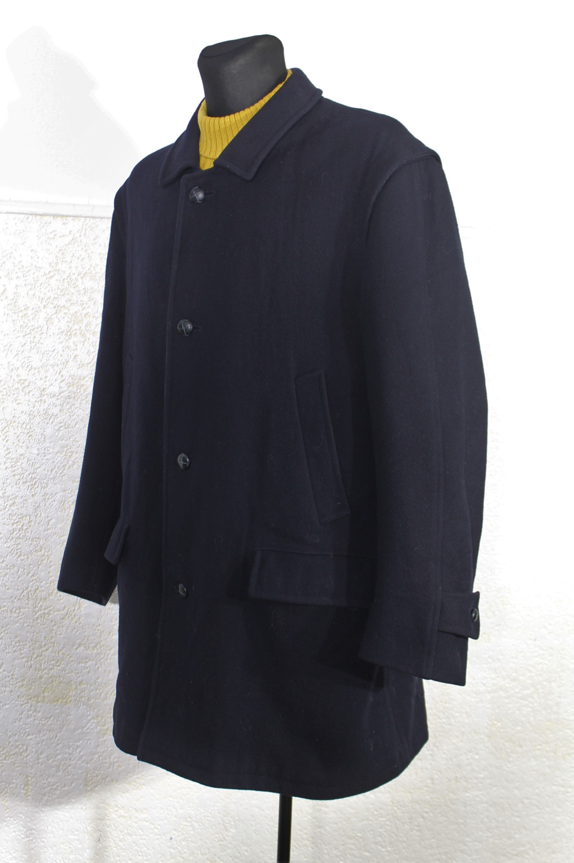 Military Coat, Navy Wool Coat Plaid Liner, Wool Overcoat Men