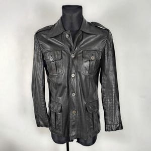 Veste en cuir Safari noir vintage des années 70 | Manteau de détective streetwear rétro moyen pour hommes