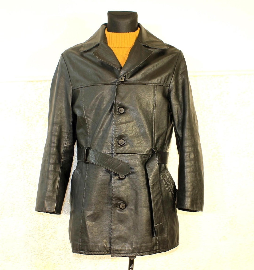 Detective Coat Black Leather: Vintage 70s Trench Medium Belted