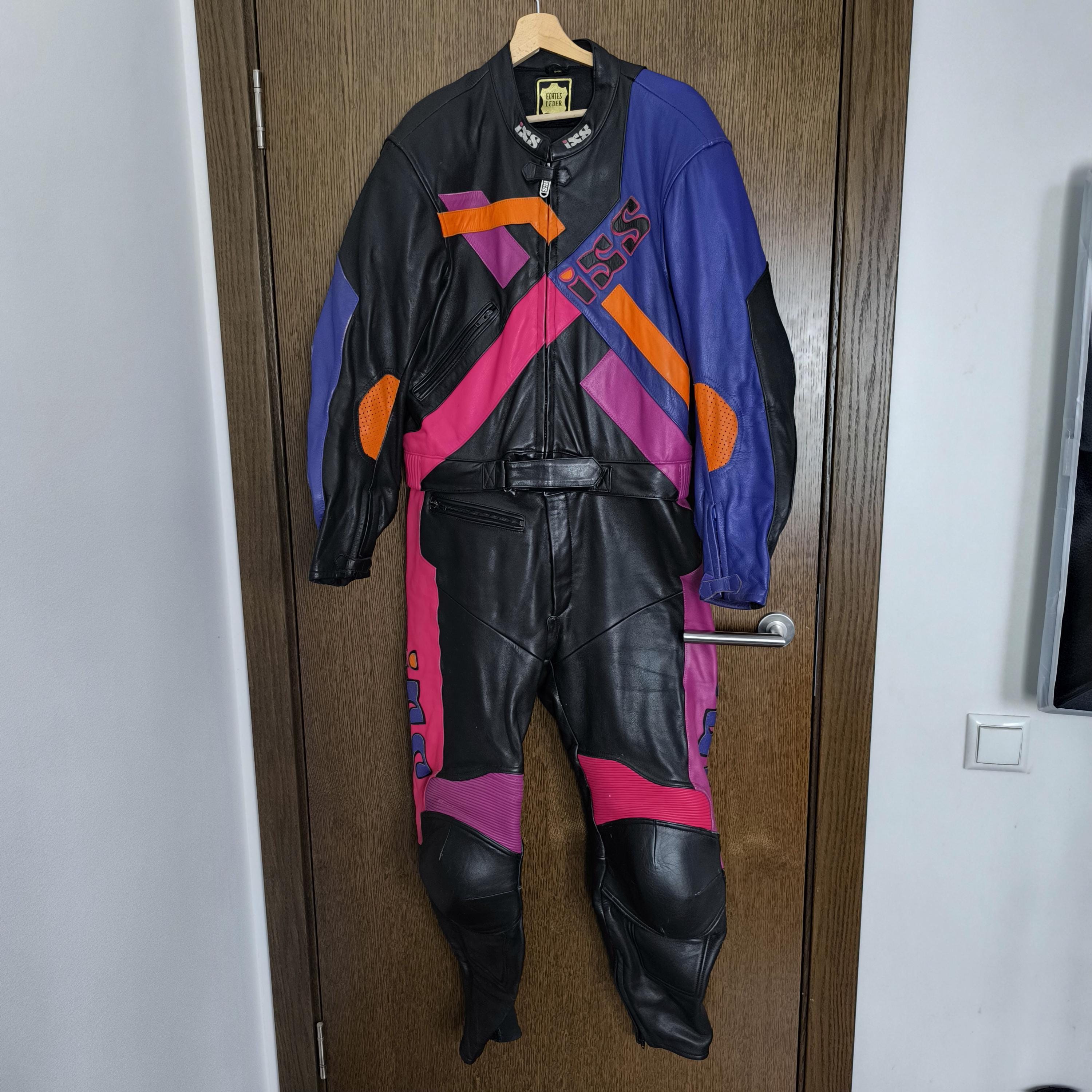IXS Leather Suit Vintage 80s Two-piece Colorful Motorcycle Racing