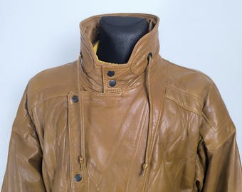 Vintage 80s Camel Leather Bomber Jacket for Men - Medium