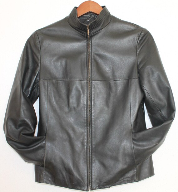 Black Leather Jacket Women Sheepskin Soft Zip Cafe Racer Medium